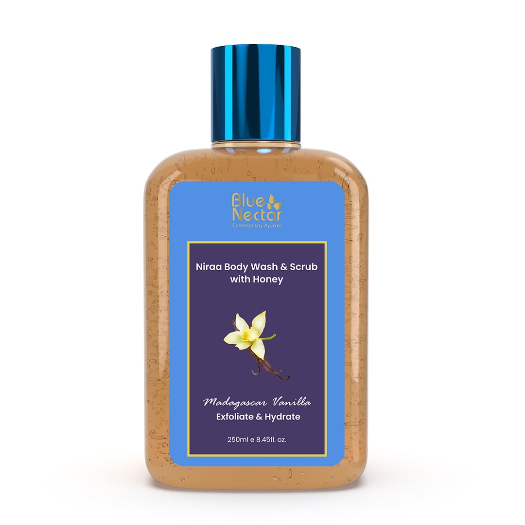 Blue Nectar Vanilla Body Wash & Scrub with Honey for Deep Cleansing, Exfoliation, Anti-cellulite, Anti-aging, Tan Removal and Repair