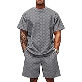 TAFLE Men's 2 Piece Set Summer Outfits Casual Geometric Texture Short Sleeve Shirt and Shorts Track Suits for Men Set