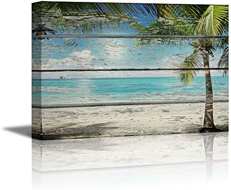 wall26 Canvas Print Wall Art Palm Tree & Blue Ocean on Wood Panels Marine Life Nature Photography Modern Art Nautical Scenic Relax/Calm Multicolor for Living Room, Bedroom, Office - 32"x48"