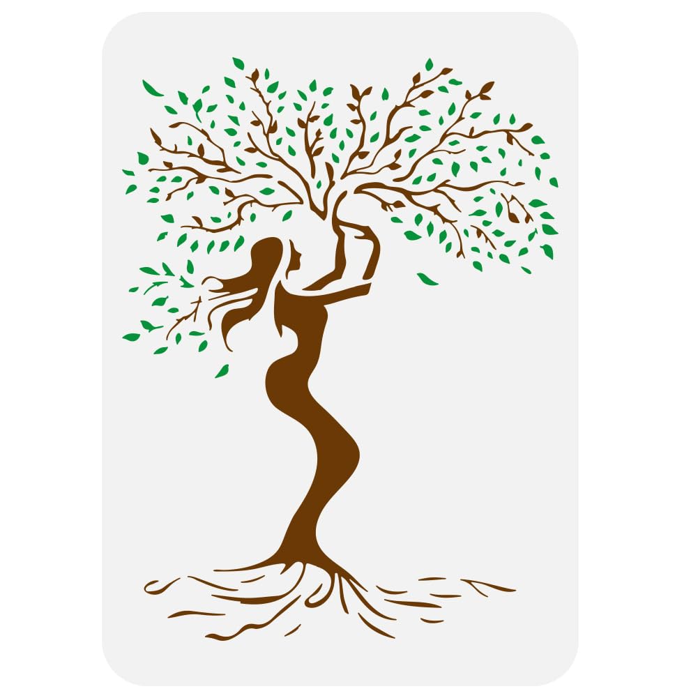 FINGERINSPIRE Woman Tree Stencil for Painting 21x29.7cm Reusable Tree of Life Drawing Template Tree Woman Grace Pattern Painting Stencil Hollowed Plant Theme Template for DIY Crafts Projects