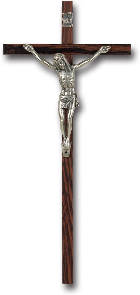 Walnut Wood Italian Silver Corpus Religious 8 Inch Wall Cross Crucifix