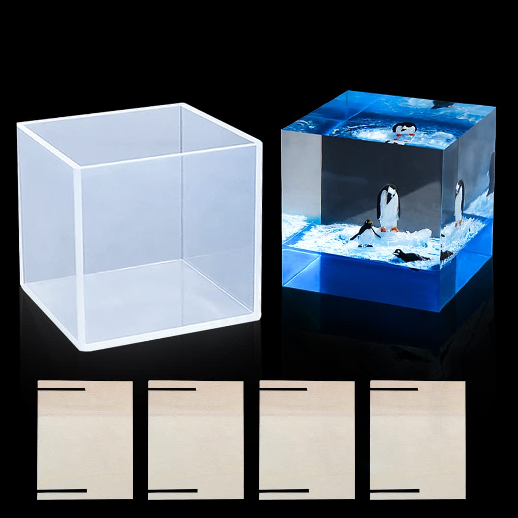 FineInno Clear Square Silicone Mould Geometric 3.94" Cube Resin Moulds Large & Deep Epoxy Casting Mould for DIY Landscape Craft Soap Candle Home Decoration
