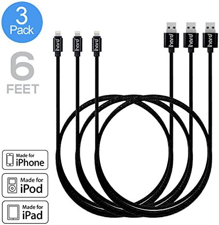 iHard iPhone Charger 8Pin Lighting To USB Cable 6ft / 2m Long Black Nylon Braided Cord | Compatible w/ Apple iPhone 7 7 Plus iPhone 6s Plus, 6s, 6 plus, 6, 5s, 5c, 5, SE, iPad Air, Air 2, 3 PACK