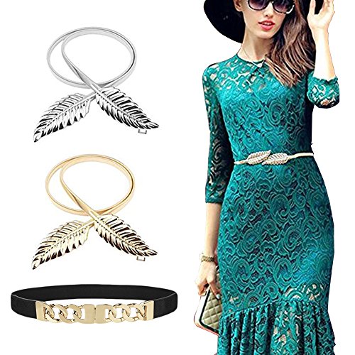 DRESHOW Vintage Rose Belt For Women Bridal Wedding Cinch Belt Western High Waist Belt Interlocking Buckle Floral Elastic Dress Waistband Pack 3