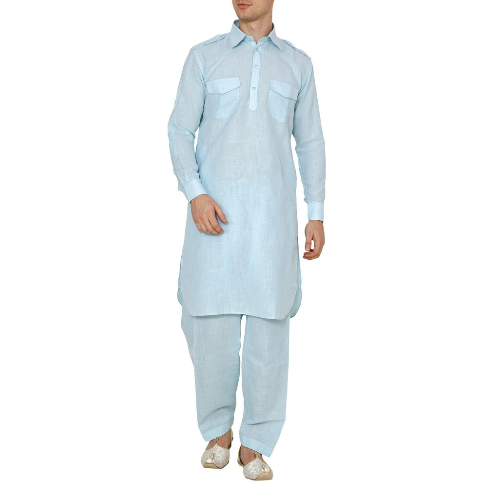 royal kurta men's pure linen blue pathani suit