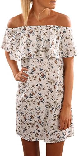 Pxmoda Women's Floral Print Red Dress Sexy Off Shoulder Layer Ruffle Mini Dress (Medium, Grey)