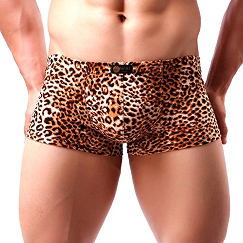 Men's Boxer Briefs Low Rise Sexy Leopard Print Underwear Man Shorts Underpants (XL, Yellow)