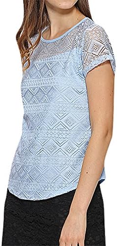 BLady Women 1 Color Chiffon Geo Cut Out Pattern Short Sleeve Comfy Blouse, LightBlue M ,Manufacturer(L)