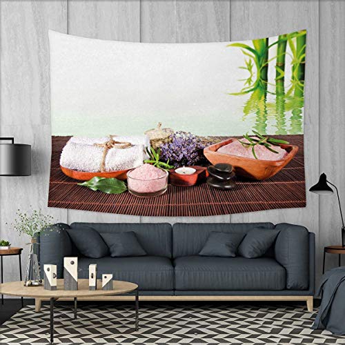 Anniutwo Spa Dorm Decor Bamboo Background with Towel Flowers Candled and Zen Hot Massage Stones Tapestry Table Cover Bedspread Beach Towel W71 x L60 (inch) Green White and Brown