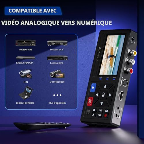 PORTTA VHS to Digital Converter, Scanning Video Cassette with Remote Control, RCA to HDMI Converter Compatible with VHS, VCR, DVR, DVD, Hi8, Mini DV, Cassette Tape, Gaming Consoles