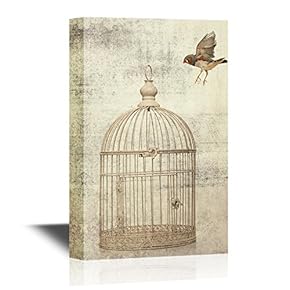 Canvas Wall Art - Bird Flying Above The Bird Cage on Vintage Background - Gallery Wrap Modern Home Art | Ready to Hang - 12x18 inches