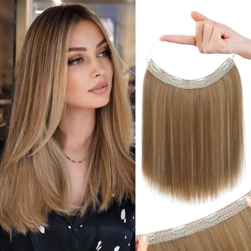 Photo 1 of REECHO 12" Invisible Wire Hair Extensions with Thinner Softer Lace Weft Adjustable Size Removable Secure Clips in Short Straight Secret Hairpiece for Women - Medium Brown with Blonde Highlights