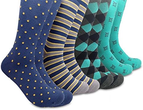 Sock Habit Mens Colorful Patterned Dress Socks - 4 Pair - Blue Grey Green Gold