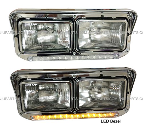 Headlight with Bezel and 12″ Clear/Amber LED Light Strip Chrome – LH & RH (Fit: Kenworth T400 T600 T800 W900B W900L Classic 120/132. Peterbilt 378 379. Western Star 4900.)