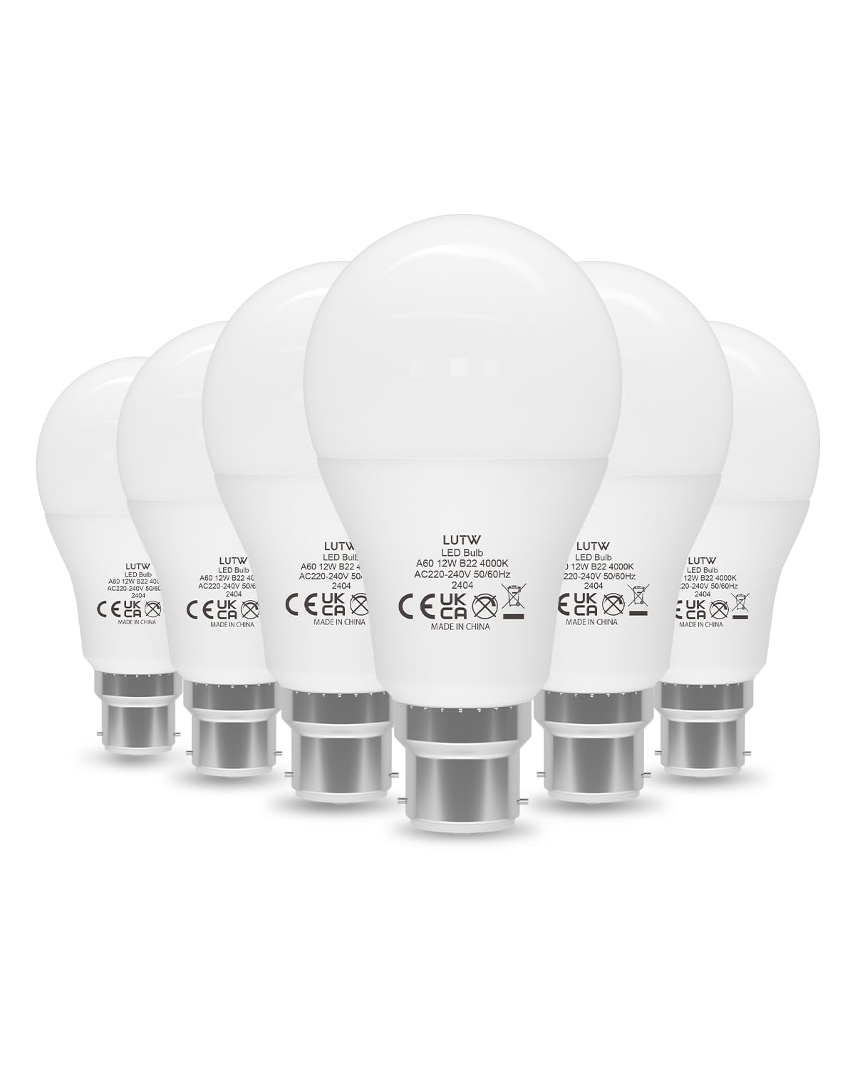 LUTW Bayonet Light Bulb, 100W Equivalent, Neutral White 4000K, 12W 1200LM B22 LED Bulbs, BC A60 GLS Energy Saving LED Light Bulbs, Non-dimmable, Pack of 6