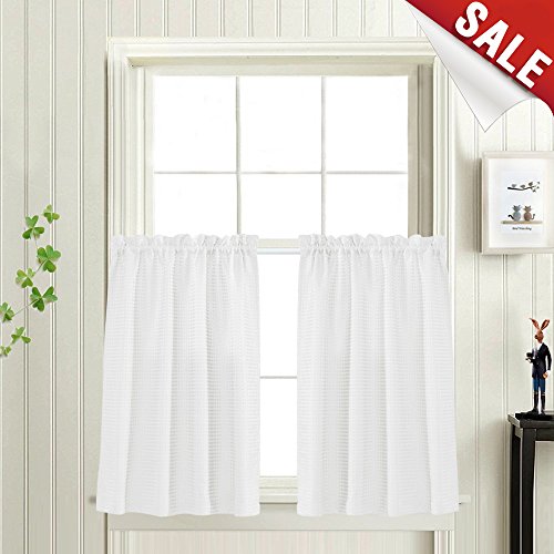 Waffle Woven Cafe Curtains Waterproof Kitchen Window Curtain Sets 2 Planes