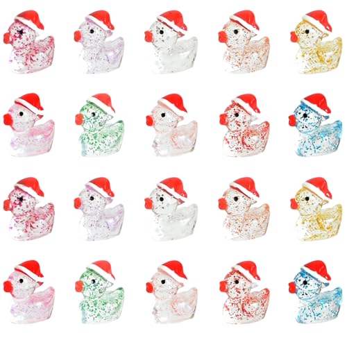 FEILIBAY 50 PCS Miniature Christmas Ducks, Tiny Resin Glitter Ducks with Santa Hat for Fairy Garden, Xmas Party Favors, Holiday Decorations