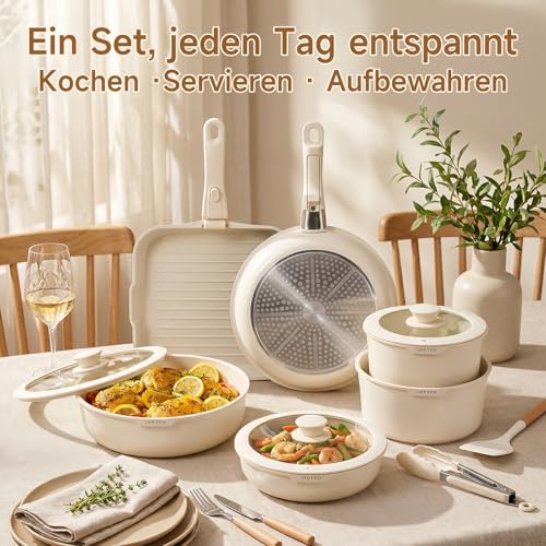 JEETEE 20-Piece Saucepan Set with Removable Handles, Non-Stick Cookware Set with 3 Pans, 3 Pots, Crepe Pan and Omelet Pan, Stackable, for Induction, White