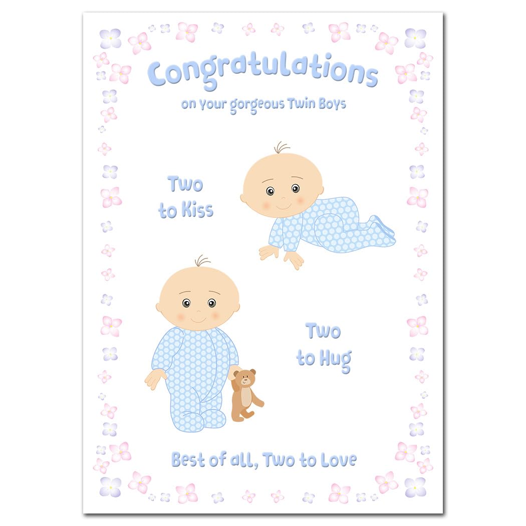Extra Large Newborn Twin Baby Boy Card - New Baby Boys Congrats - Congratulations on Birth of Gorgeous Brothers - Quality Greeting - A4 XL size - Special Twins Keepsake Good Wishes with Poem Verse
