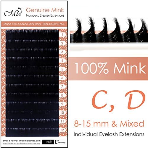 [C 14mm] Mia Mink Hair Individual Eyelash Extension Semi Permanent made by Real Siberian Mink Hairs 8-15mm &amp; Mixed Length (C 14mm)