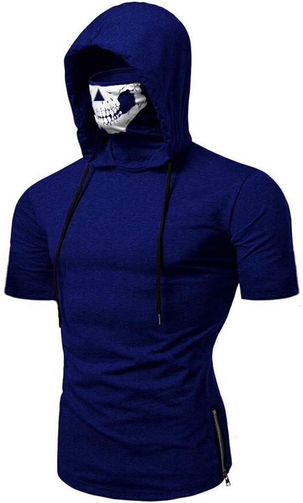Skull Mask Hooded Short Sleeve Shirt Men Solid Color Casual Fashion Top