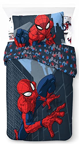 Marvel Spiderman City Streets 100% Baumwolle 3-teiliges Bettwäsche-Set 135x200cm Einzelbettgröße - Bettbezug + Spannbettlaken 90x200 cm + Kissenbezug 