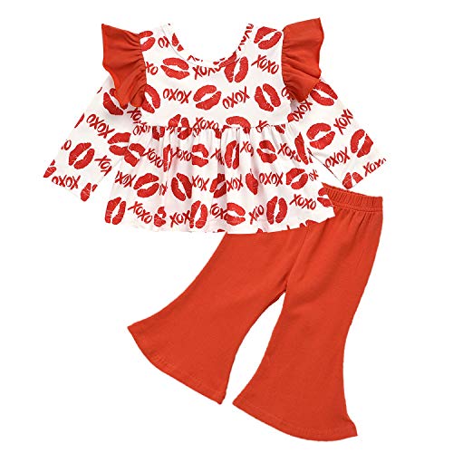Valentine's Day Kids Little Toddler Baby Girls Outfit Heart Ruffled Dresses Shirt+Stripe Flares Pants 2Pc Clothes Set (Red, 12-18 Months)