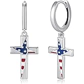 American Flag Earrings,925 Sterling Silver Patriotic Earrings July 4th Cross Flag Dangle Earrings Independance Day Jewelry Gift for Women Men