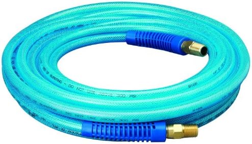 Amflo 12-25E Blue 300 PSI Polyurethane Air Hose 1/4" x 25' with 1/4" MNPT Swivel Ends and Bend Restrictor Fittings