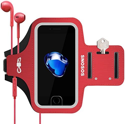 iPhone 8 Plus /iPhone 7 Plus Armband,SOSONS Water Resistant Sports Gym Armband Case for iphone 8/7/6s /6 Plus.Fingerprint Touch Supported and Fits Smartphones with Slim Case,with Card Pockets-Red