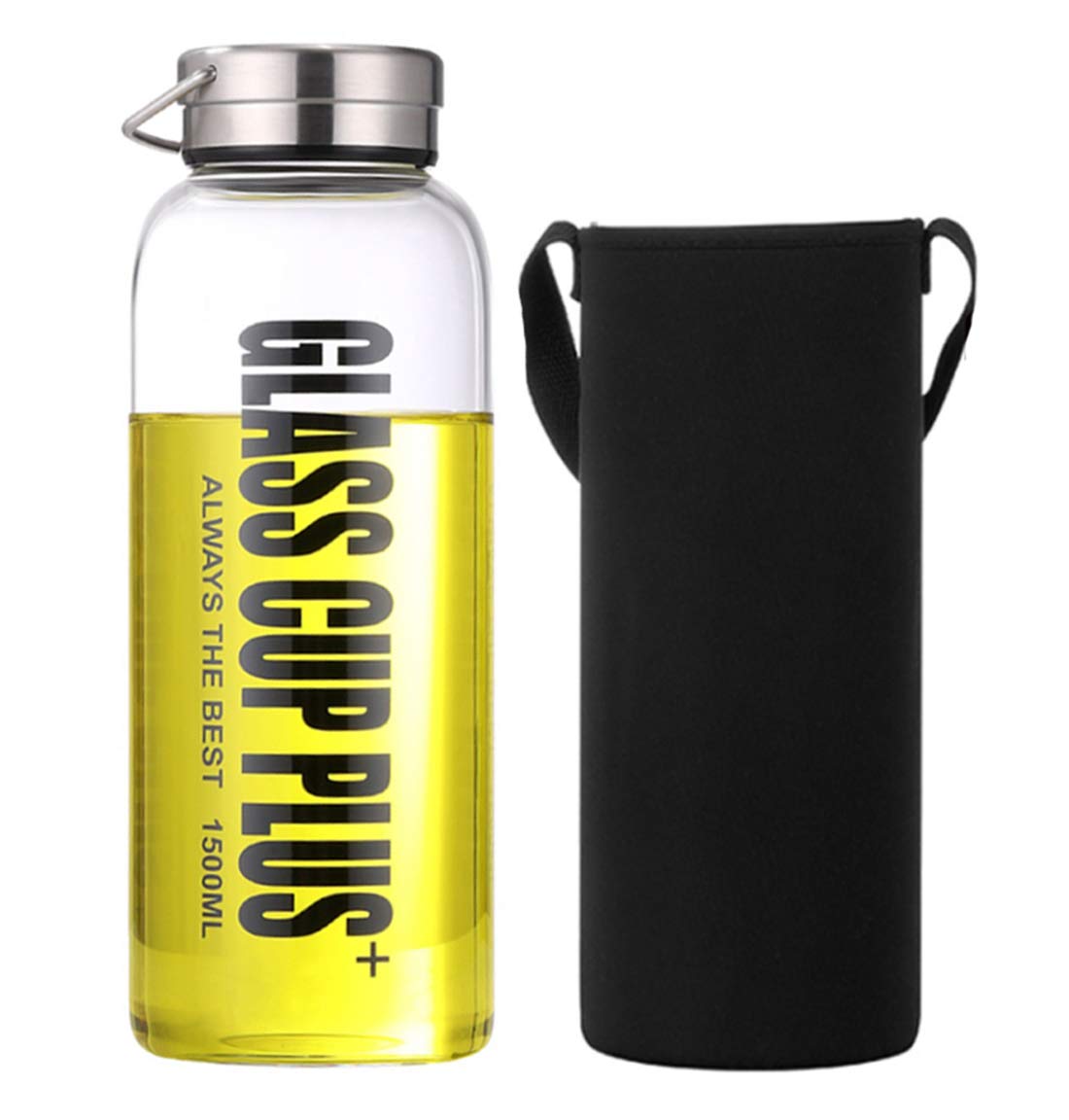 jerbro 1.5L Borosilicate Glass Water Bottle with Filter Eco-Friendly Reusable for School Home Office Travel Sport Yoga Gym Outdoor Hot Cold Drinks + Carrying Sleeve - 1500 ml