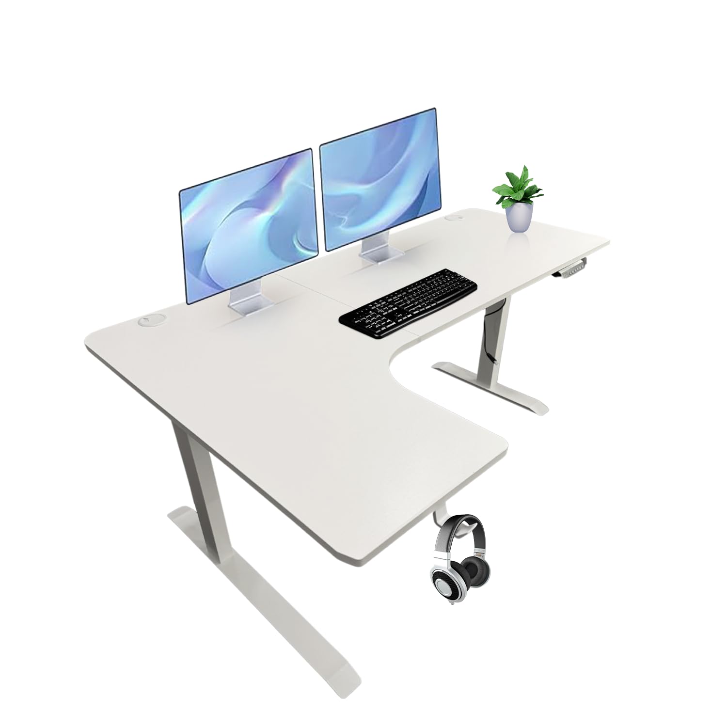 Photo 1 of ****USED/MAY HAVE MISSING PARTS**
Standing Desk - 63 x 24 Inch L Shaped Electric Height Adjustable Desk - Ergonomic Left Corner Work Station Setup for Home Office, Gaming, Sit Stand, Large L Shaped Wooden Table for PC Computer, Laptop