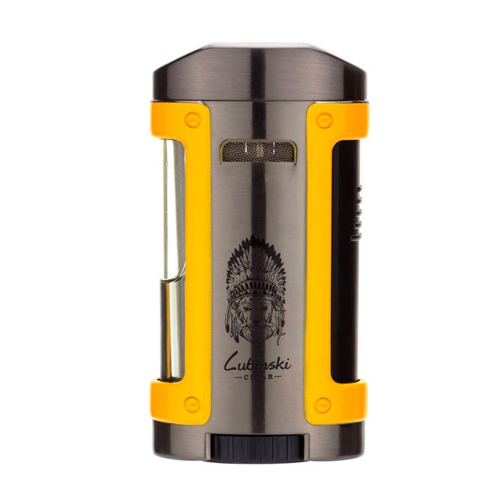 LUBINSKI Cigar Lighter + Leather Case Windproof Butane Quadruple Torch Jet Blue Flame Cigarette Lighter for Cigar Cooking BBQ Topsense (YELLOW)