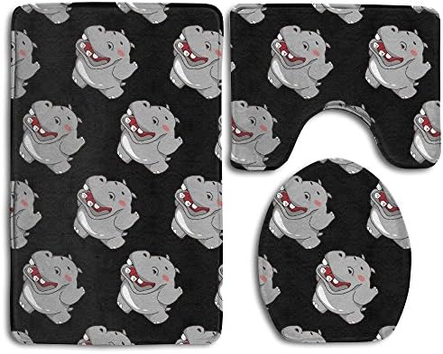 SWSW Cute Hippo Cartoon Pattern 3 Piece Bathroom Rug Set Bath Mat, Contour Rug, Toilet Lid Cover