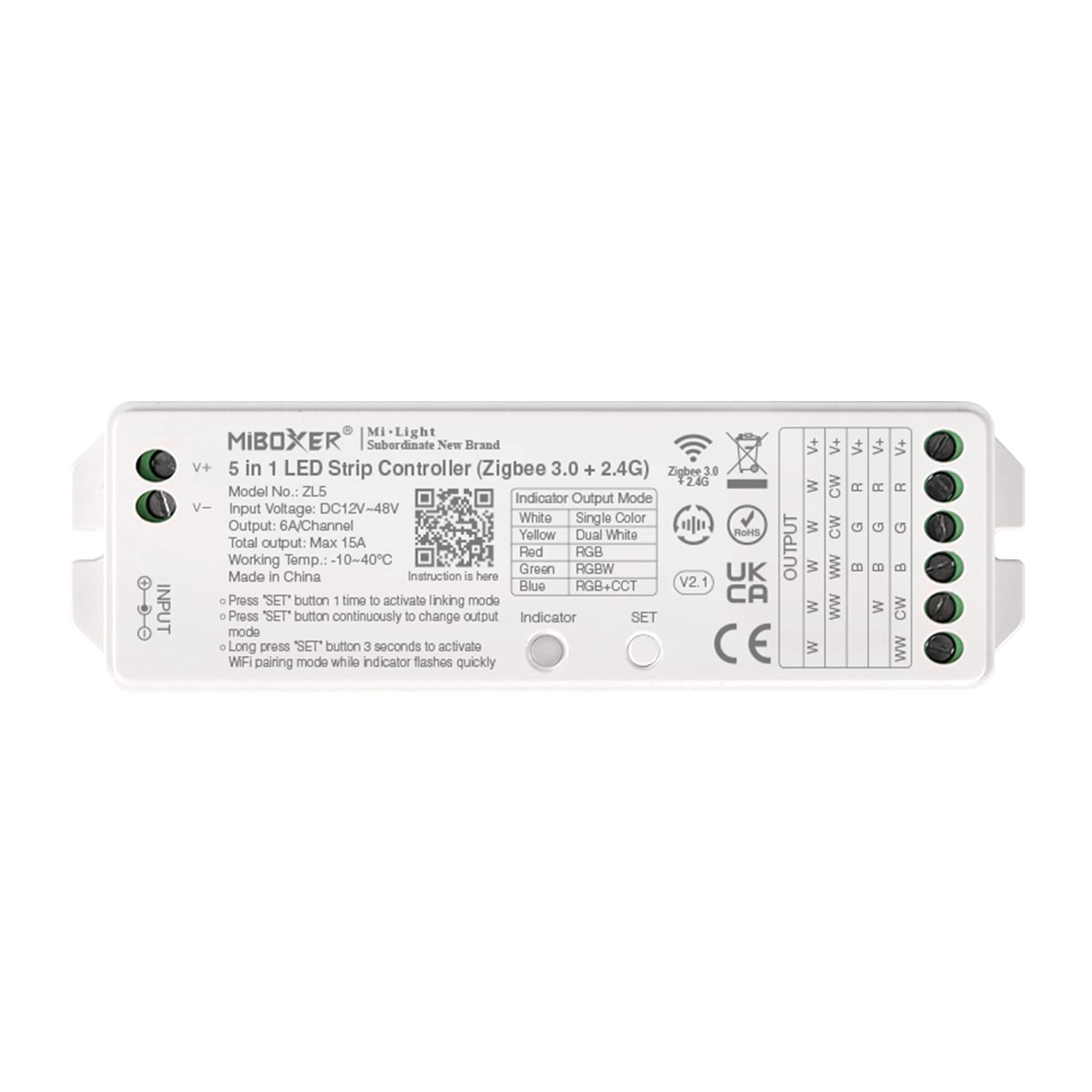 lighteu®, Milight Miboxer Zigbee3.0 and 2.4GHz 5 in 1 LED Strip Controller 12V/24V Compatible with Zigbee 2.4GHz Remote Control APP/Voice Control, ZL5 — image 1