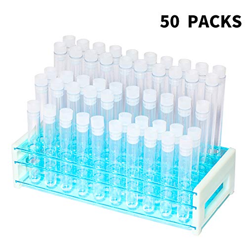 Young4us Test Tube Set, 50 Pcs Plastic PP Test Tubes in 16x150mm, 16x125mm and 16x100mm 3 Sizes with White Caps and Tube Rack (Pack of 50)