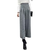 chouyatou Women's Winter High Waist Wide Leg Plaid Wool Blend Palazzo Capri Pants Culottes with Pockets