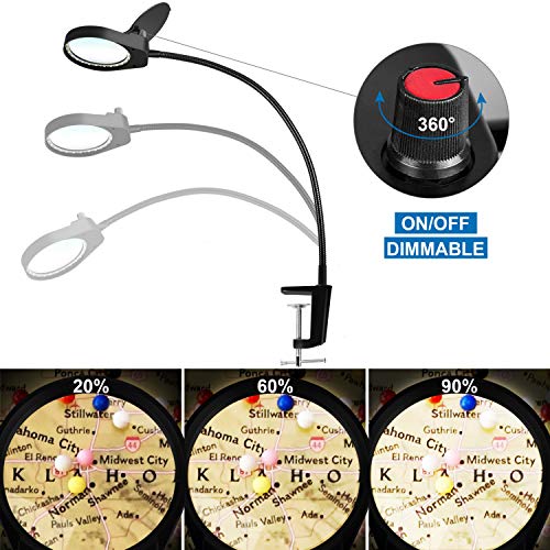 Dimmable Magnifying Glass Lamp with Clamp, LANCOSC Ultra Bright Lighted Real Glass Magnifier with 23" Flexible Gooseneck - Adjustable LED Light for Reading, Crafts, Hobbies, Tasks, Close Work (Black)