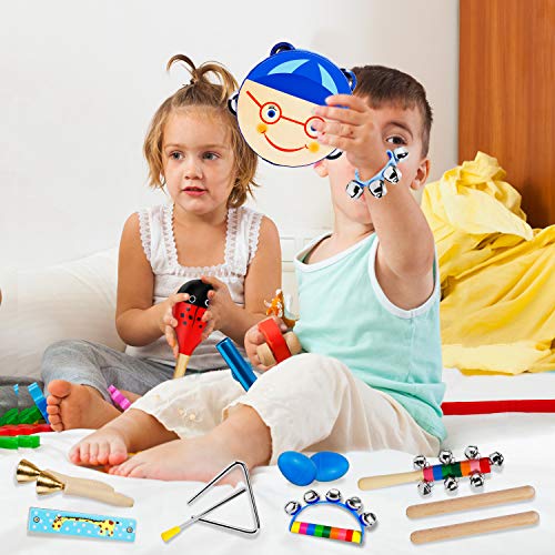 ShinePick Toddler Educational Musical Instruments Toys Set for Kids 15Pcs Wooden Percussion Instruments Tambourine Maracas Harmonica for Boys & Girls Preschool Education with Carry Bag