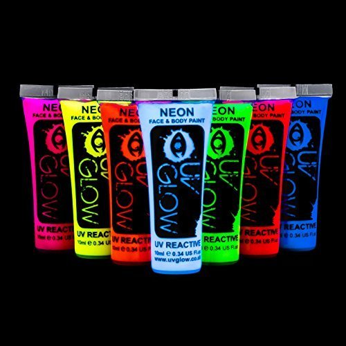 UV Glow Neon Face and Body Paint 10ml - Set of 7 Tubes - Fluorescent - Brightest glow under UV