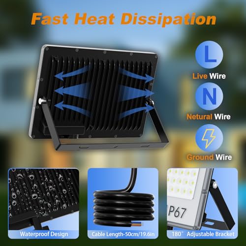 YIQIBRO LED Spotlight 300 W Outdoor 2 Pieces – 30000LM IP67 Waterproof LED Floodlights Outdoor Cool White 7000K for Garden/Terrace/Garage