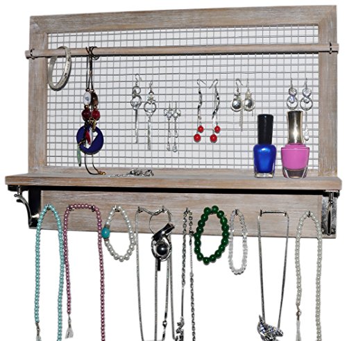Spiretro Wall Mount Jewelry Organizer Holder with Hooks Shelf Rod hanging Earrings Necklaces Bracelets Rings Storage Accessories Rustic Reclaimed Wood