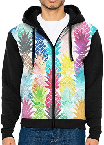 Joapron Pineapple Tropical Watercolor Men's Zipper Splicing Overcoat Belt Hat and Pocket S