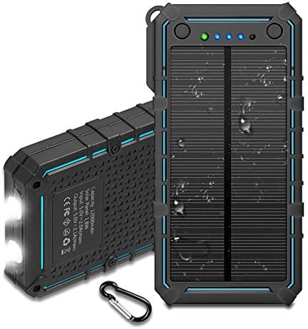 Hiwill Solar Charger 12000mah, Waterproof IP67 Portable Solar Phone Charger, Dual USB Solar Power Bank Input 2.0A MAX External Battery Charger with 2 LED Flashlight for Outdoors-with SoS Modes