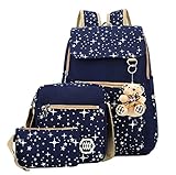 Weilong Teens School Backpack Set Canvas Girls School Bags, Bookbags Set of 3 (Star, Dark Blue)