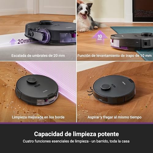 Robot Aspirador Fregasuelos de 10kPa, Aspirador Robot Antienredo, Autolimpieza, Autovaciado, Navegación Láser, Elevador 10 mm, 180 Min, Suelos Duros, Baldosas, Alfombras, E20 EVO Plus Negro
