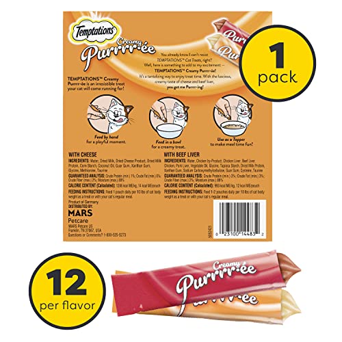 TEMPTATIONS CREAMY PUREE SQUEEZABLE LICKABLE CAT TREATS, WET CAT TREATS WITH BEEF LIVER AND CHEESE VARIETY PACK, 0.42 OZ. TUBES, 24 COUNT