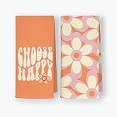 QODUNG Choose Happy Flowers Pattern Soft Kitchen Towels Dishcloths 16x24 Inch Set of 2,Retro 1970s Groovy Drying Cloth Hand Towels Tea Towels for Dorm,Teen Girls Gift
