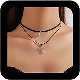Iaceble Boho Layered cross Choker Necklace Black Leather Collar Necklace religious cross Necklace Crystal Dangle Necklace Adjustable Leather Cord Necklace Jewelry for Women