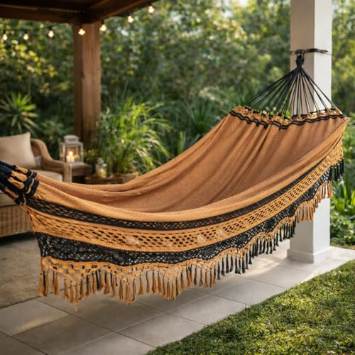 Rede de Dormir Casal Artesanal Luxo 4,5m em Algodão – Rede Descanso Reforçada para Quarto, Varanda, Jardim e Área de Lazer até 350kg(CARAMELO COM PRETO)